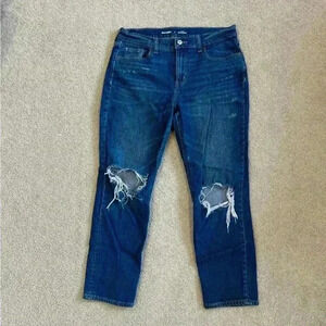 Old navy dark blue distressed mid rise boyfriend jeans in size 4